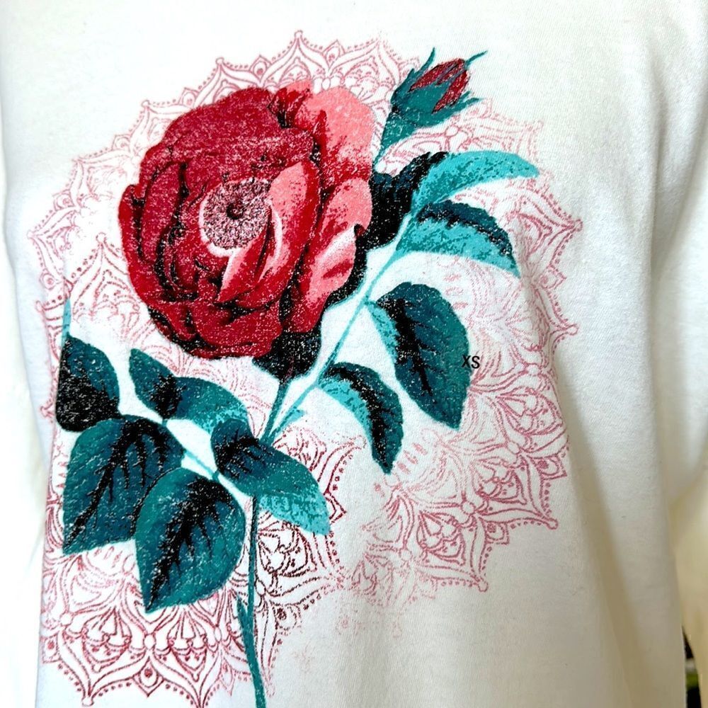 NWT Aeropostale Long Sleeve Tee Rose Print Crew Neck Floral Loose Fit Ivory XS - Picture 3 of 10